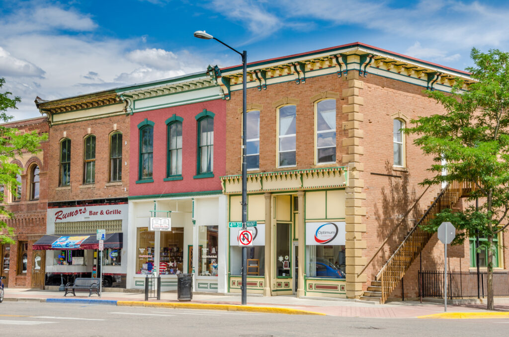CANON CITY, CO, USA \- July 8, 2013\: historic shopfronts along main street\. Canon City's downtown\. In 1983 this historic district was listed on the National Register of historical places for its abundance of turn\-of\-the\-century architecture